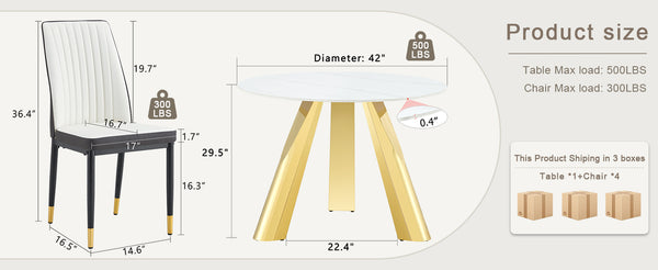 English Elm A 42-inch round dining set with stone top table and gold-plated stainless legs plus four PU chairs Gold 31 L x 19.5 W x 17.5 H W1512S00133