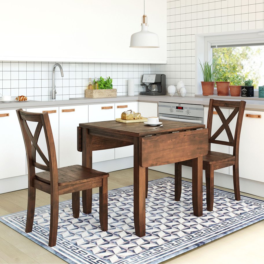 English Elm Topmax Drop Leaf Wood Breakfast Nook Table Set with X Back Chairs for Two Walnut N717S000164D