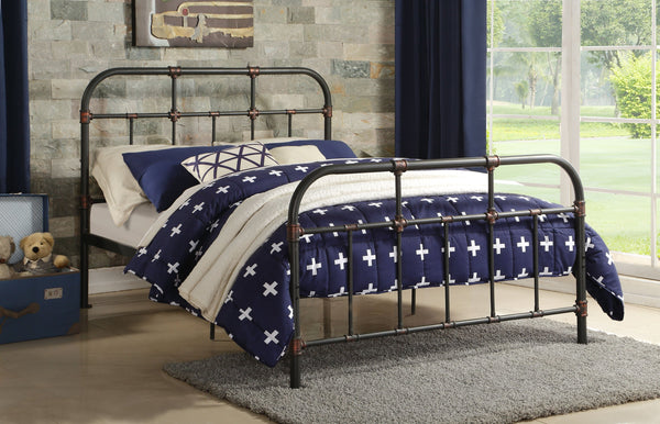 English Elm Nicipolis Sandy Gray Full Bed with Industrial Metal Frame, Copper Accents, Slat System, 330lb Capacity B2726P340280