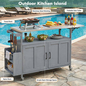 English Elm Foldable Outdoor Kitchen Cart with Stainless Worktop Fir Wood Frame and Lockable Wheels Grey N719P380279E