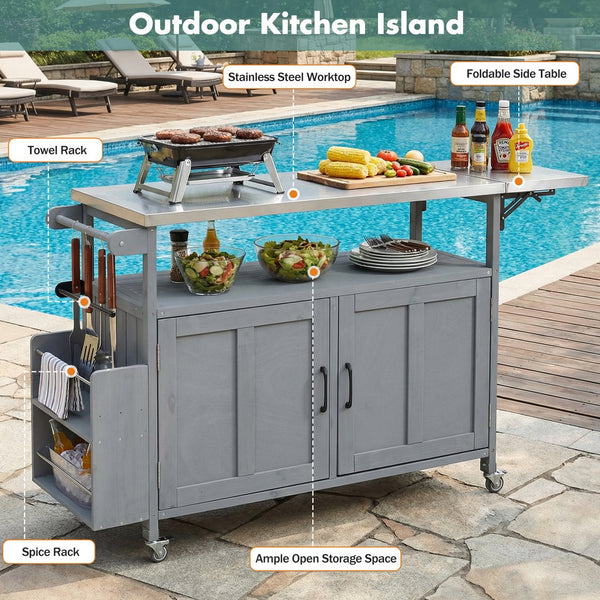English Elm Foldable Outdoor Kitchen Cart with Stainless Worktop Fir Wood Frame and Lockable Wheels Grey N719P380279E