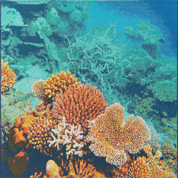 Unique Loom Outdoor Coastal Ariel Machine Made Border Rug Multi, Ivory/Navy Blue/Red/Turquoise/Orange/Brown/Blue 5' 4" x 6' 1"