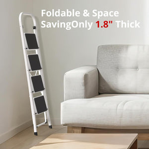 English Elm Ladder Folding Attic Stair Aluminum Alloy Pull Down with Handrail and Wide Steps W2069P490058
