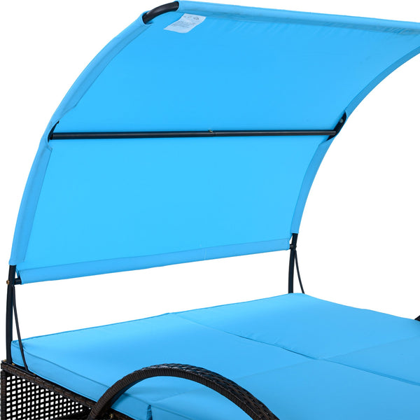 English Elm U_style Outdoor Double Sun Lounger Hdpe Wicker Steel Frame with Canopy Pop up Tables Blue WY000485AAC