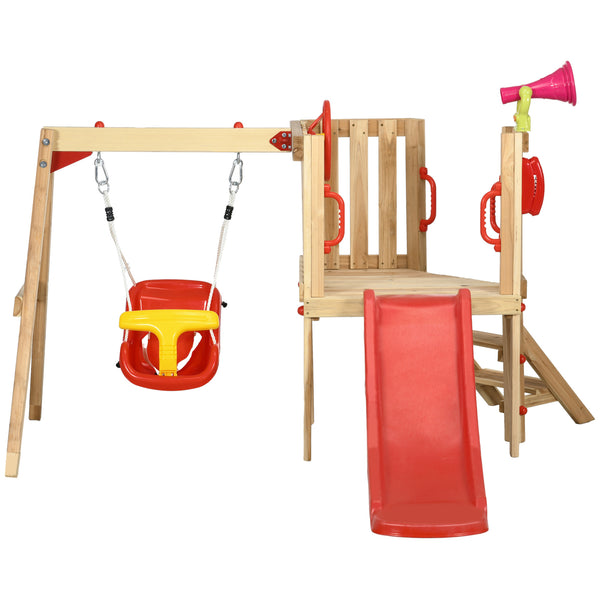 English Elm Outsunny Wooden Toddler Playset Backyard Swing Slide Captain Wheel Horn Ages W2225P229474