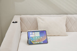 English Elm Beige velvet daybed with diamond-grid pull-out trundle, modern sturdy wood frame for guests and lounge W1361S00031