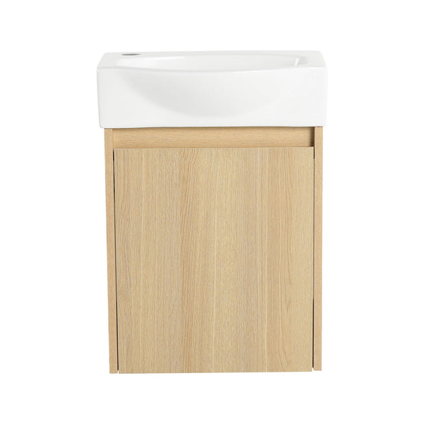 English Elm 16" Bathroom Vanity Sink Combo for Small Spaces — Compact Engineered Wood Cabinet with Ceramic Basin, Moisture-Resistant Finish and Hidden Handle, Easy Assembly Oak W1972P190339