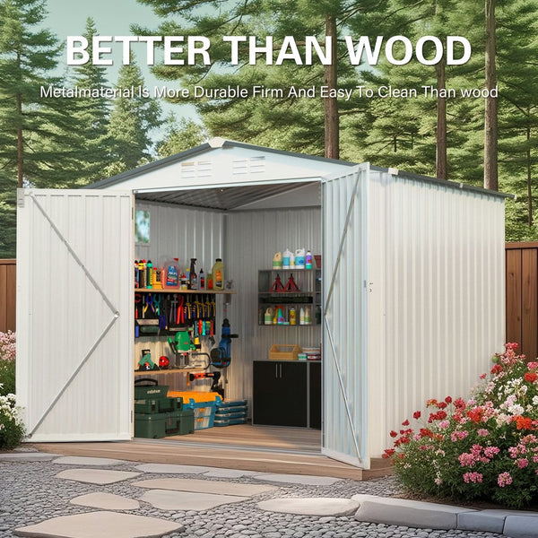 English Elm 8x6 Galvanized Steel Outdoor Storage Shed with Pitched Roof Lockable Doors and Window W3213S00007
