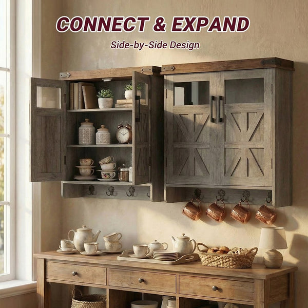 English Elm Bathroom Wall Cabinet Over Toilet with Adjustable Shelves and Built in Towel Hook Grey+Brown T5831P489009