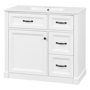 English Elm 36 Inch Bathroom Vanity With Sink – Modern Design, Soft-Close Drawers & Adjustable Storage Shelf, White Finish N725P336549K