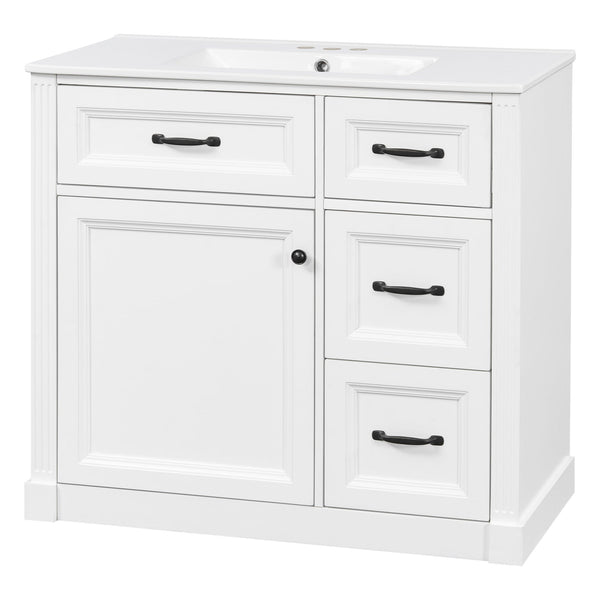English Elm 36 Inch Bathroom Vanity With Sink – Modern Design, Soft-Close Drawers & Adjustable Storage Shelf, White Finish N725P336549K