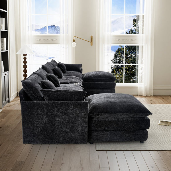 English Elm 145-inch Seven Piece Modular Cloud Sofa with Woolen Upholstery for Spacious Living Black W2564S00039