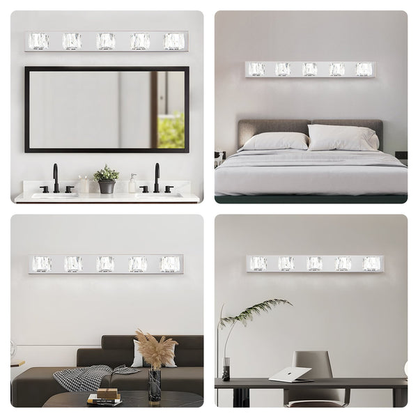 English Elm 35" Modern Crystal 5-Light LED Wall Sconce Chrome Finish, 1625lm 6000K Vanity Light for Bath/Hallway W2312P374925