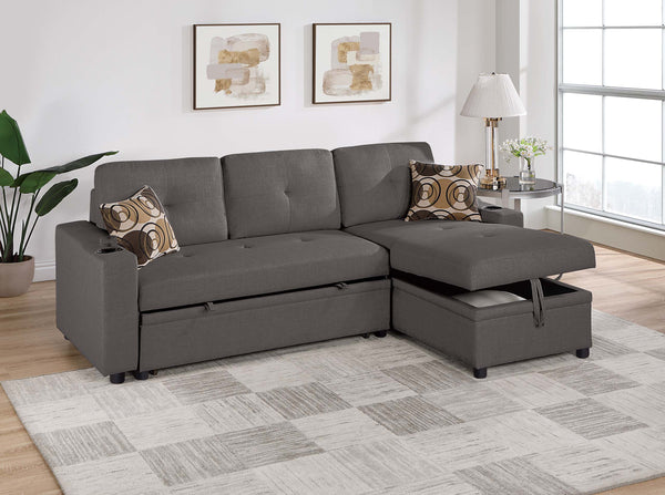 English Elm Poundex Reversible Convertible Sectional with Storage, Cup Holders, Tufted Cushions & Chaise Bed B089S00174