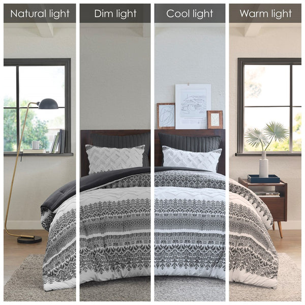 English Elm 3 Piece Cotton Comforter Set with Chenille Tufting Mila Botanic Chevron Print Full/Queen, Shabby Chic Fabrication Gray 19 L x 12 W x 13.5 H B03596426