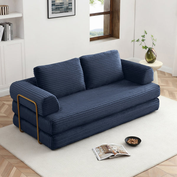English Elm Convertible Floor Sofa Futon with Corduroy Upholstery for Living Room Lounging and Sleeping Blue W1117P434731