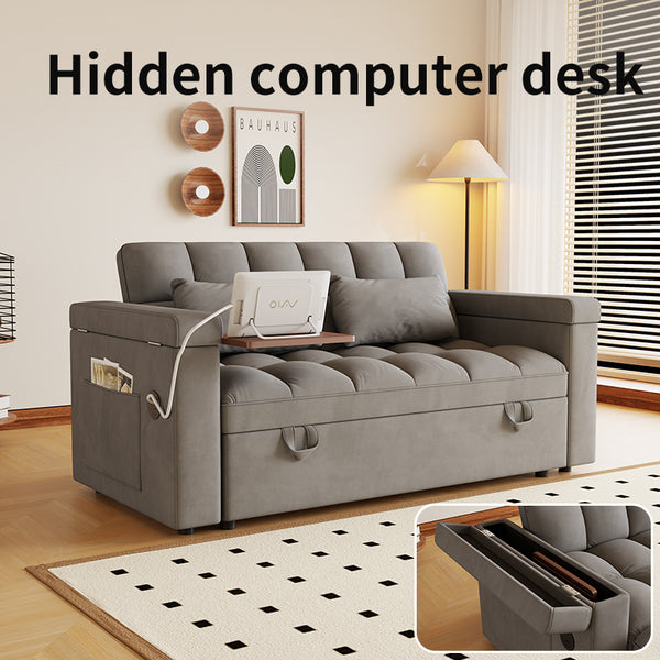 English Elm 65-inch Velvet Convertible Sleeper Sofa with Usb Port Storage Armrests Adjustable Back Dark Gray W2564S00115