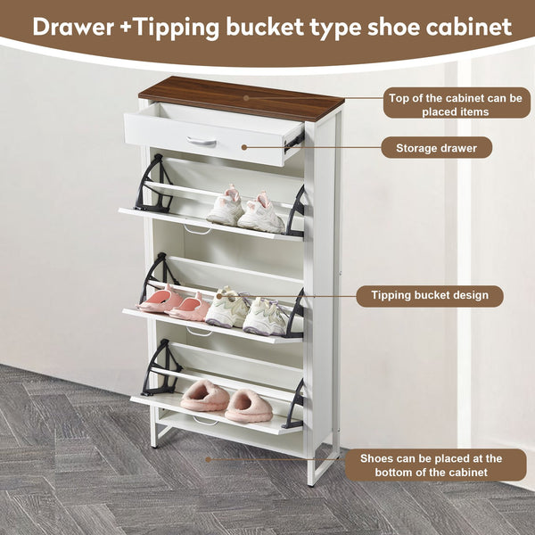 English Elm Shoe Storage Cabinet Slim 3 Flip Drawers + 1 Drawer, Holds 12-15 Pairs, Durable MDF & Metal Frame, Alabaster090 W2948P245239