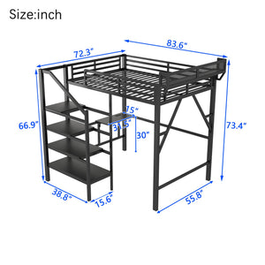 English Elm Full Size Metal Loft Bed with Foldable Desk Staircase Storage and Led Lighting W2580S00072