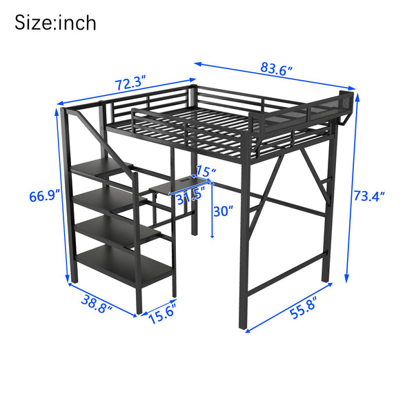 English Elm Full Size Metal Loft Bed with Foldable Desk Staircase Storage and Led Lighting W2580S00072