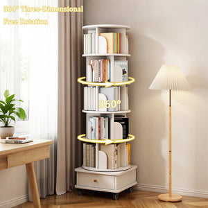 English Elm 6 Tier Rotating Bookshelf 360° Spinning Tower with Lockable Wheels, Drawer & Stable Base for Home Office White W3204P309485