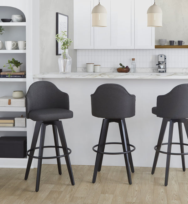 English Elm Fixed-height Swivel Barstools Upholstered Grey Fabric Black Wood Legs Kitchen Set of 2 Charcoal B202S01867