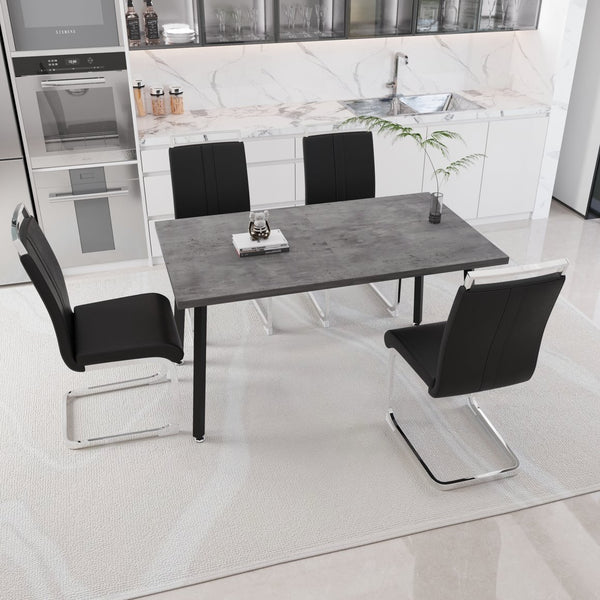 English Elm 55.12-70.87" Extendable Industrial Dining Set Faux Leather Chairs Mdf Top Seats Six Black+ Gray W2189S00909