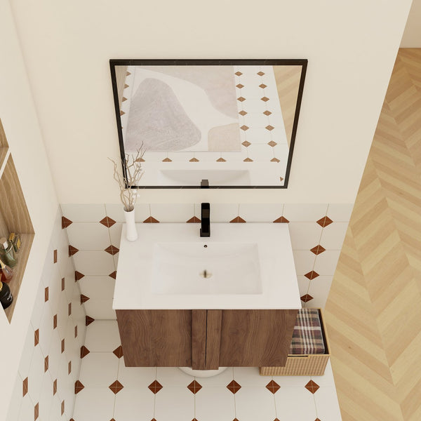 English Elm 30" Floating Bathroom Vanity Dark Oak Cabinet Ceramic Sink Open Shelf Soft Close Brown Ebony,Glossy White W3450P435839