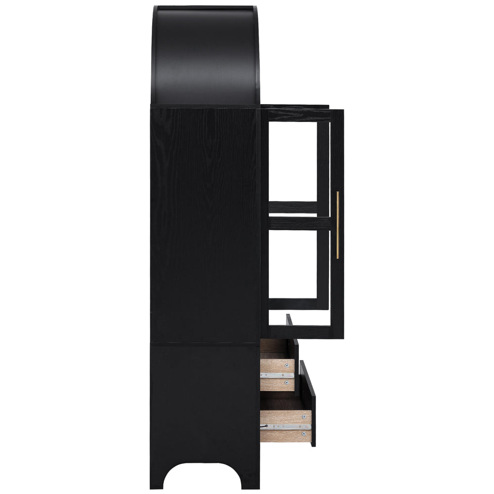 English Elm K&K 71" Arched Kitchen Pantry Cabinet with Glass Doors, Adjustable Shelves, Soft-Close Drawers Black N707P288972B