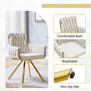 English Elm Set of 2 Velvet Upholstered Dining Chairs Braided Rope Back Glam Metal Legs Beige,Gold W3875P383929