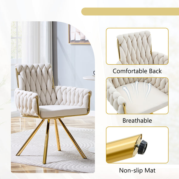 English Elm Set of 2 Velvet Upholstered Dining Chairs Braided Rope Back Glam Metal Legs Beige,Gold W3875P383929