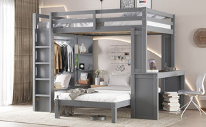 English Elm Queen Solid Wood Bunk Bed With Dismountable Twin, Desk, Shelves & Wardrobe - Modern Grey Design W1580S00215-GIGA