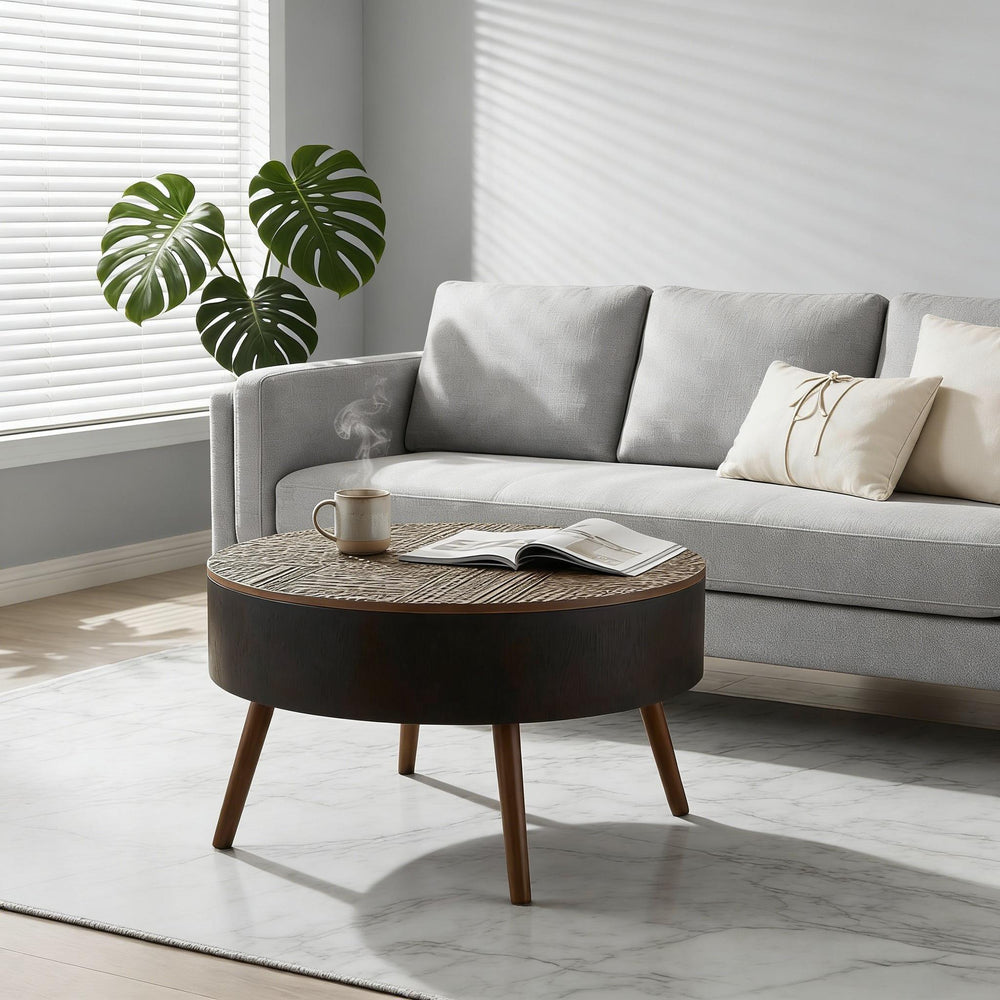 English Elm 31.5-inch Round Carved Wood Coffee Table Vintage Distressed Finish Living Room Accent W3935P406032