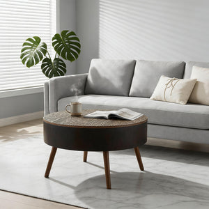 English Elm 31.5-inch Round Carved Wood Coffee Table Vintage Distressed Finish Living Room Accent W3935P406032