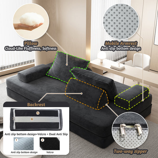 English Elm 86.6"Multifunctional Folding Sofa Bed with Chaise, Fluffy Chenille, Removable Backs & Pillows, Deep Seat Lounge DARK GREY W3219P340667
