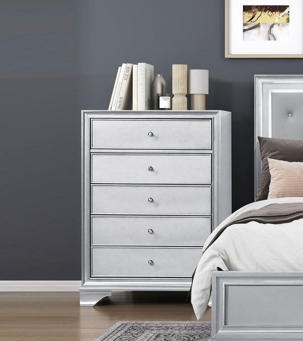 English Elm Silver Metallic Glam Tall Chest with Six Drawers Embossed Fronts Bedroom Storage B011P474230