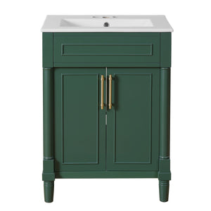 English Elm 24" Bathroom Vanity with Integrated Ceramic Sink and Adjustable Shelf, Vintage Hardware, Space-Saving Design Green N710P277711F