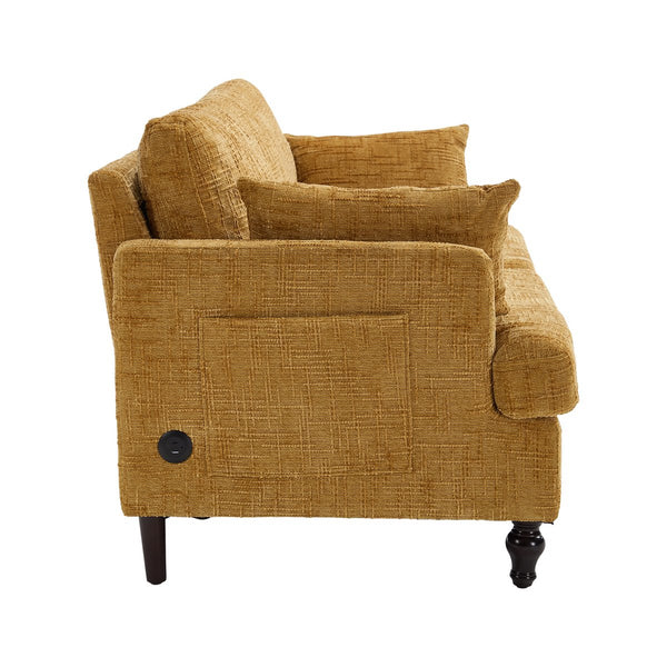 English Elm Modern chenille 2-seater sofa with LED, USB charging, storage pocket, solid wood legs, durable comfort Mustard yellow W395P318542