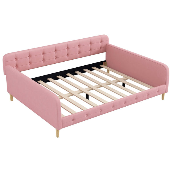 English Elm Queen Upholstered Daybed with Tufted High Sideboard, Linen Finish, Solid Wood Frame, 800lb Capacity Pink N7500001850H