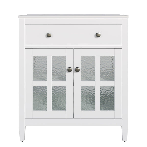 English Elm Christopher Knight Home® - 30" Bathroom Vanity with Ceramic Sink, Solid Wood Legs, Adjustable Shelf, Tip-Out Tray, Soft-Close Hinges, Silver Knobs, Moisture-Resistant Finish White N817P286250W