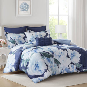English Elm 7-piece King Comforter Set Cotton Print Bedding with Embroidered Pillows Layered Bedroom Blue Multi B035P482993