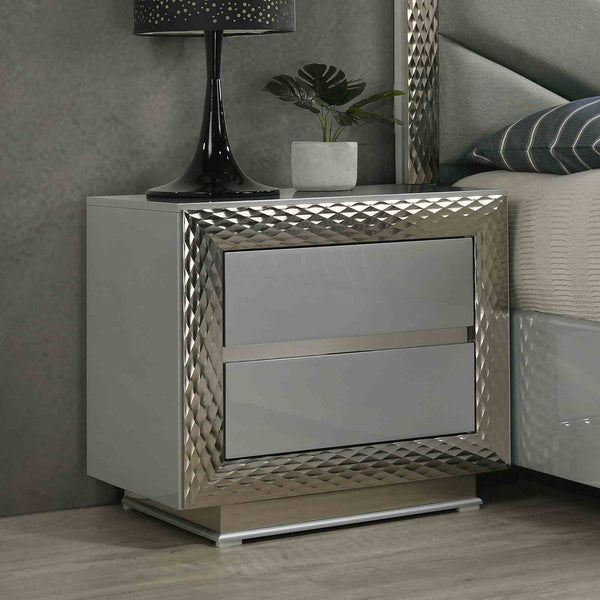 English Elm Glam Nightstand with Silver Molding Plinth Base Felt Drawer and Glass Shelf B2741P435909