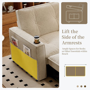 English Elm SOMNUS Convertible Sofa Bed with Corduroy Upholstery, Space-Saving 2-in-1 Design, Durable Steel Frame White W3820S00010