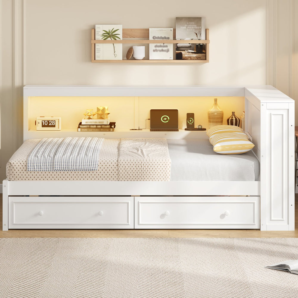 English Elm Full Pine Platform Daybed with Led Lighting Usb Charging Headboard Shelf and Drawers White N7090004032K