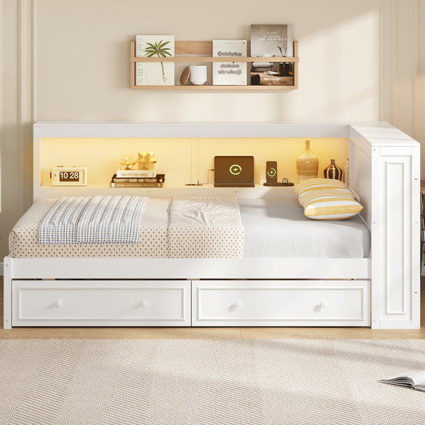 English Elm Full Pine Platform Daybed with Led Lighting Usb Charging Headboard Shelf and Drawers White N7090004032K