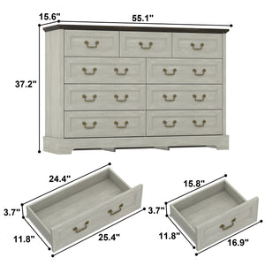 English Elm Farmhouse Nine Drawer Wide Dresser Mdf Build Brass Handles Grey Bedroom Storage B2770P493608