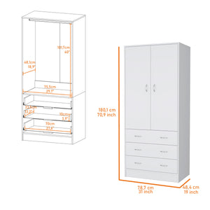 English Elm FM FURNITURE Prescott Armoire White - Elegant 2-Door Wardrobe with Hanging Rod, 3 Drawers, Durable Design B128S00061