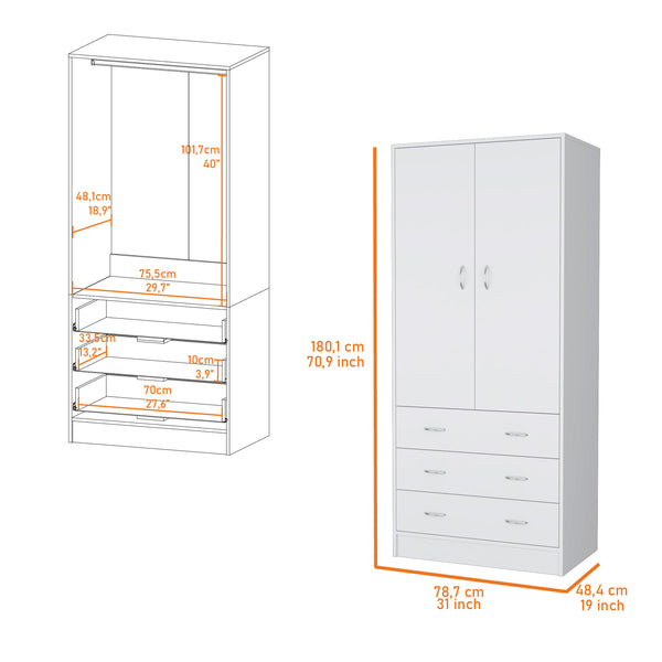 English Elm FM FURNITURE Prescott Armoire White - Elegant 2-Door Wardrobe with Hanging Rod, 3 Drawers, Durable Design B128S00061