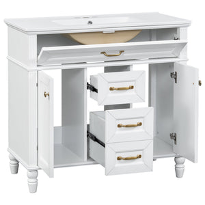 English Elm 36 Inch Bathroom Vanity with Ceramic Sink, Durable MDF & Solid Wood Frame, Soft-Close Doors, Luxe Handles, Ample Organized Storage, Modern Freestanding Design White N725P314034K