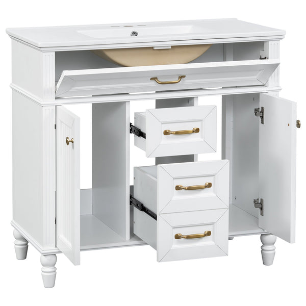English Elm 36 Inch Bathroom Vanity with Ceramic Sink, Durable MDF & Solid Wood Frame, Soft-Close Doors, Luxe Handles, Ample Organized Storage, Modern Freestanding Design White N725P314034K